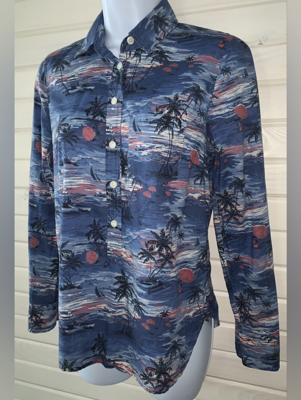 J Crew Tropical Palm Tree Half Button Up Shirt Long Sleeve